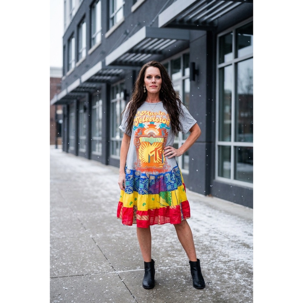 Upcycled MTV Graphic T-Shirt Dress Silk Sari Skirt Crochet Back Boho Gray Multi